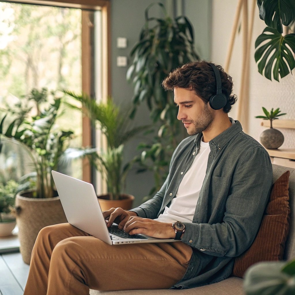 Young man on video call in home office with plants
