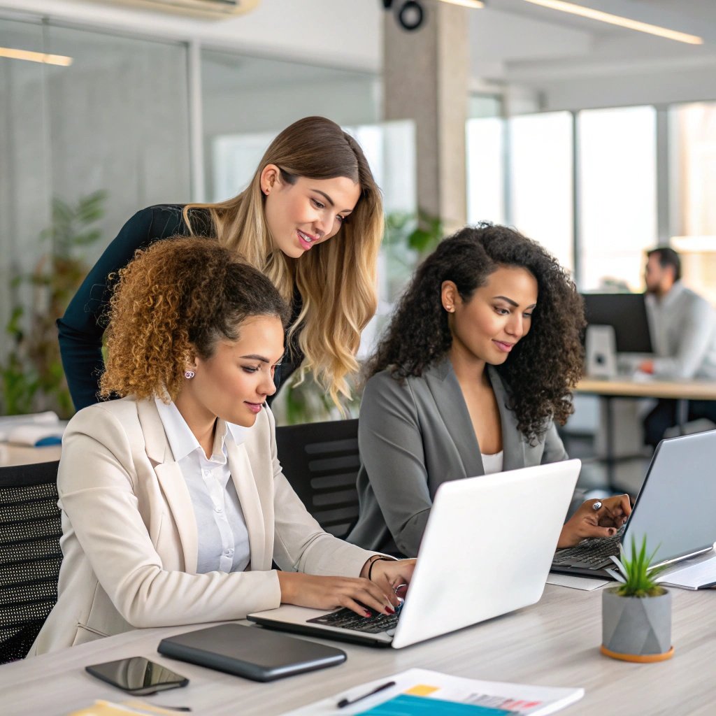 Young woman working with laptop in bright modern office